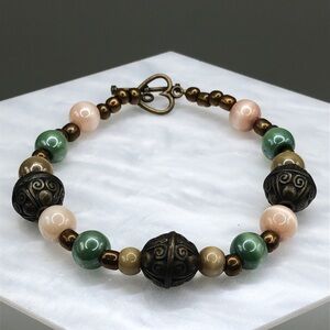 Artisan brass cat’s eye ceramic beads bracelet boho style stackable layering.